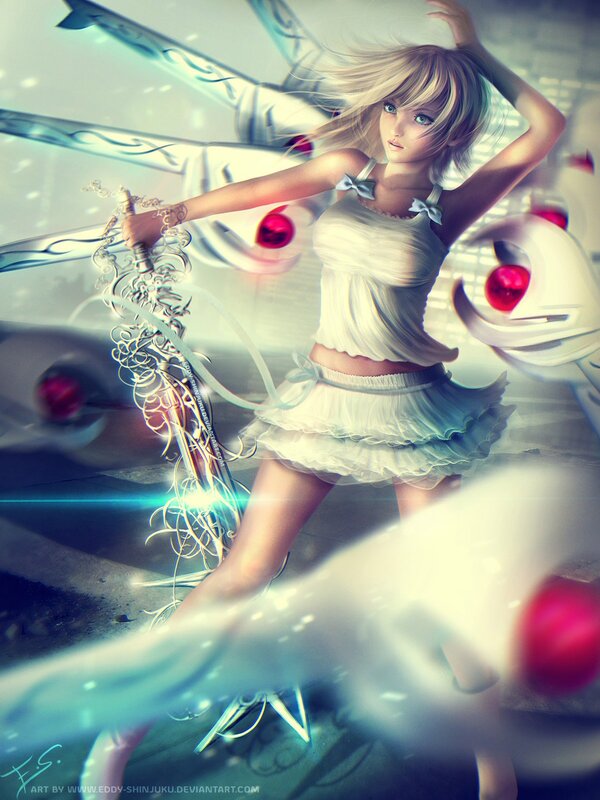 Blonde Girl with Sword — White, Dramatic, Digital Art, Mechanical Wings
