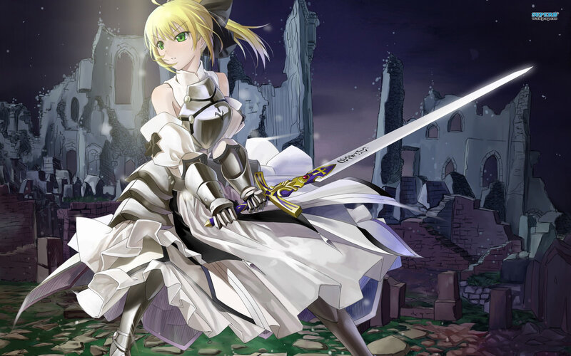Blonde Girl with Sword — White, Dramatic, Night, Anime, Ruins