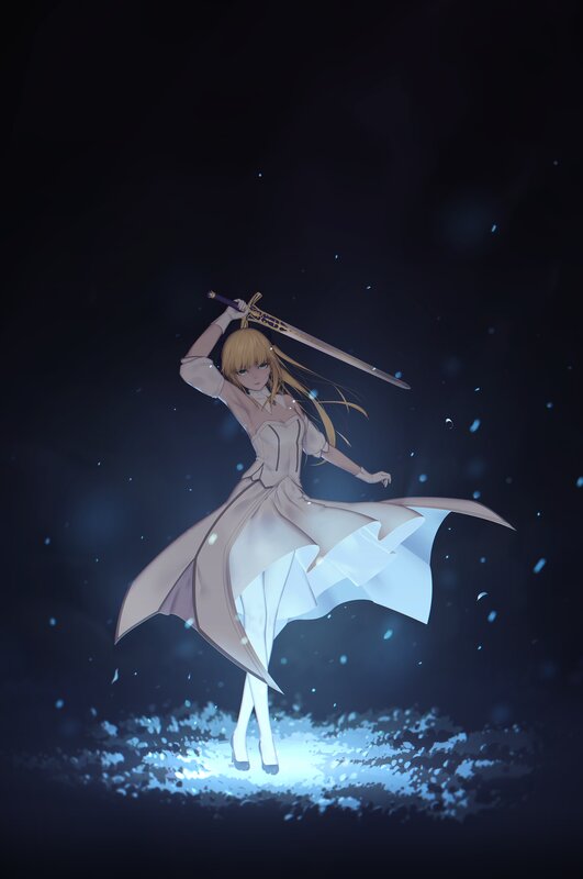 Blonde Girl with Sword — White, Dramatic, Night, Digital Art