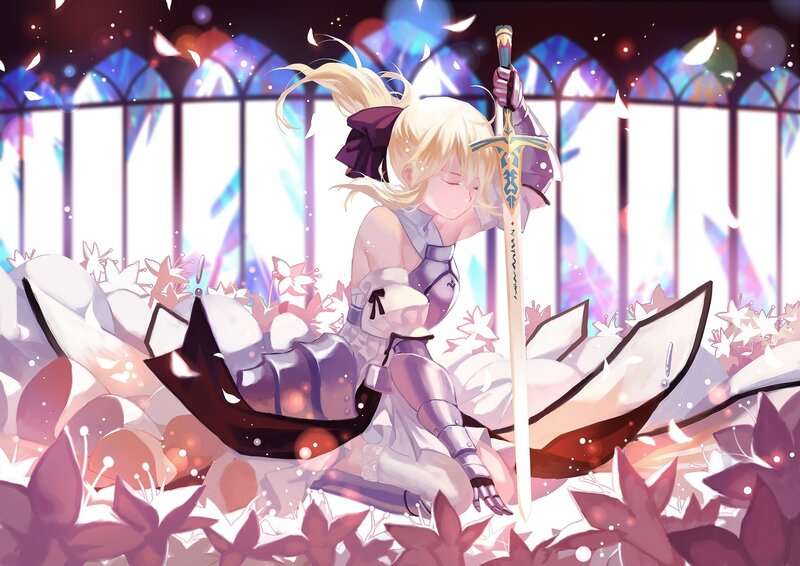 Blonde Girl with Sword — White, Serene, Anime, Armor, Flowers