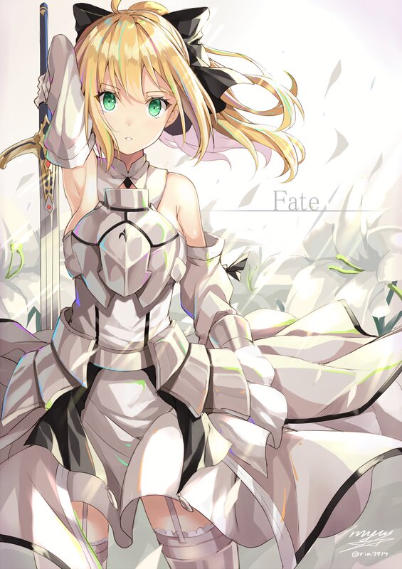 Blonde Girl with Sword — White, Serene, Anime, Cat Ears