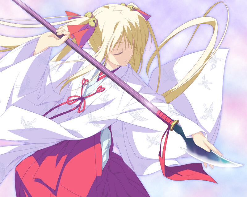 Blonde Girl with Sword — White, Serene, Anime, Kimono
