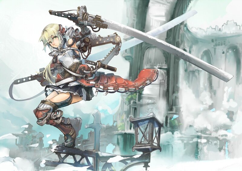 Blonde Girl with Swords — White, Dramatic, Digital Art