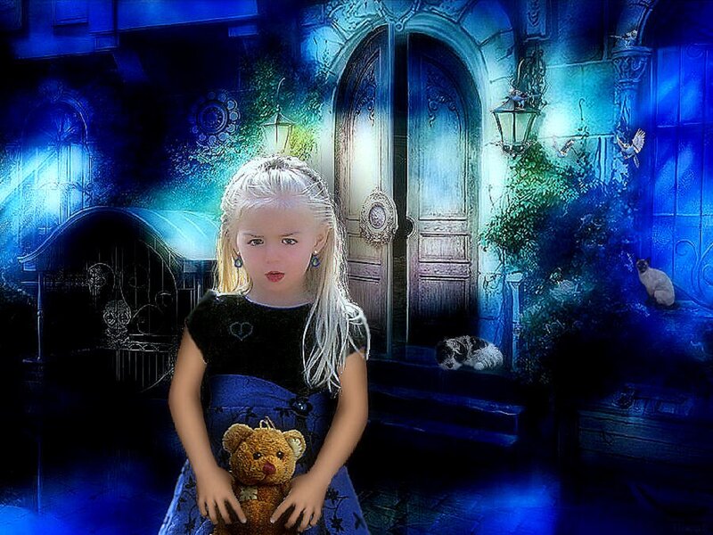 Blonde Girl with Teddy Bear — Blue, Mysterious