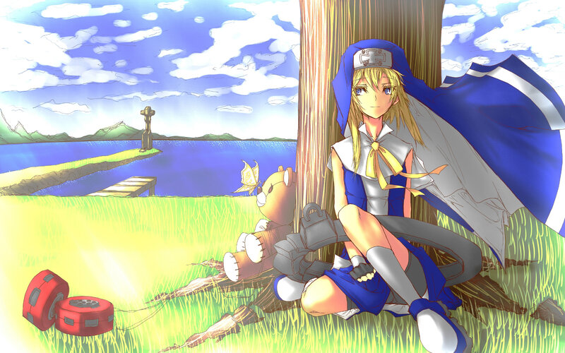 Blonde Girl with Teddy Bear — Blue