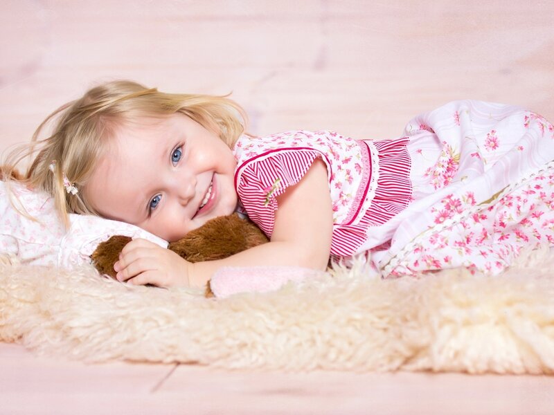 Blonde Girl with Teddy Bear — Pink, Happy, Photograph, Teddy Bear, Blanket