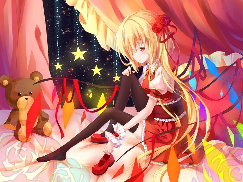 Blonde Girl with Teddy Bear — Red, Dreamy, Night