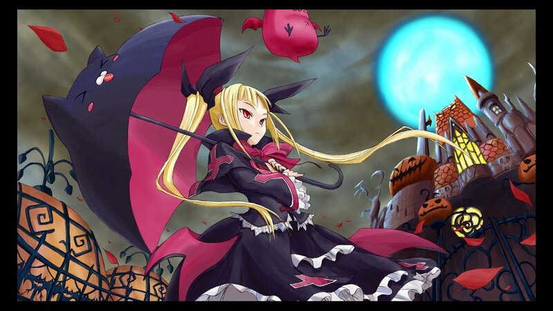 Blonde Girl with Umbrella — Black, Dramatic, Night, Anime, Pumpkins, Castle, Yellow