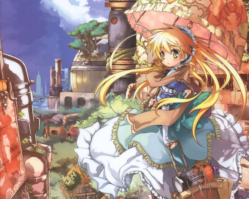 Blonde Girl with Umbrella — Blue, Calm, Afternoon, Anime