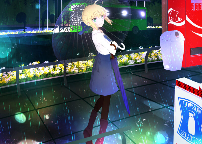 Blonde Girl with Umbrella — Blue, Calm, Night, Anime, Rain
