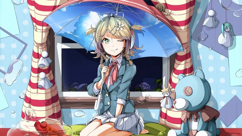 Blonde Girl with Umbrella — Blue, Calm, Night, Anime, Stuffed Bear