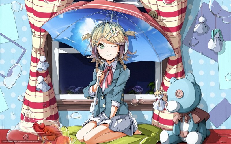Blonde Girl with Umbrella — Blue, Calm, Night, Anime, Teddy Bear