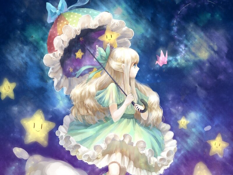 Blonde Girl with Umbrella — Blue, Dreamy