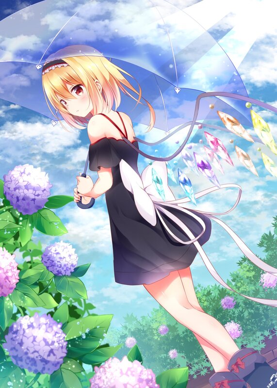 Blonde Girl with Umbrella — Blue, Serene, Afternoon, Anime, Flowers