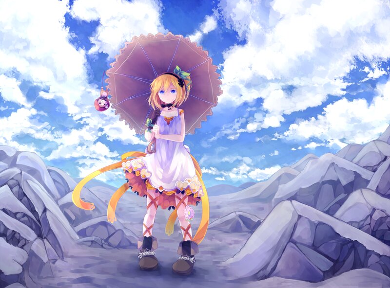 Blonde Girl with Umbrella — Blue, Serene, Afternoon, Anime, Tail