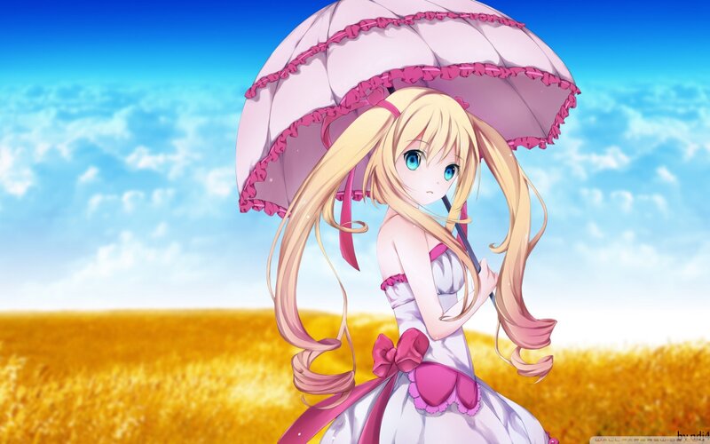 Blonde Girl with Umbrella — Blue, Serene, Afternoon, Anime
