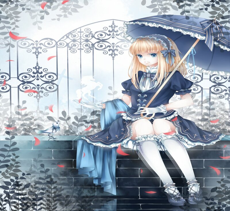 Blonde Girl with Umbrella — Blue, Serene, Anime, Bird