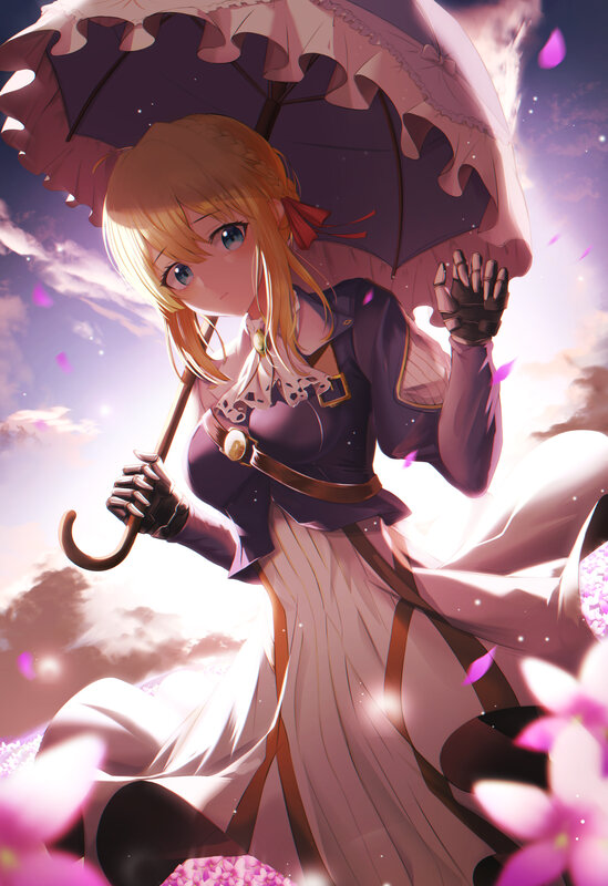 Blonde Girl with Umbrella — Purple, Serene, Spring, Anime