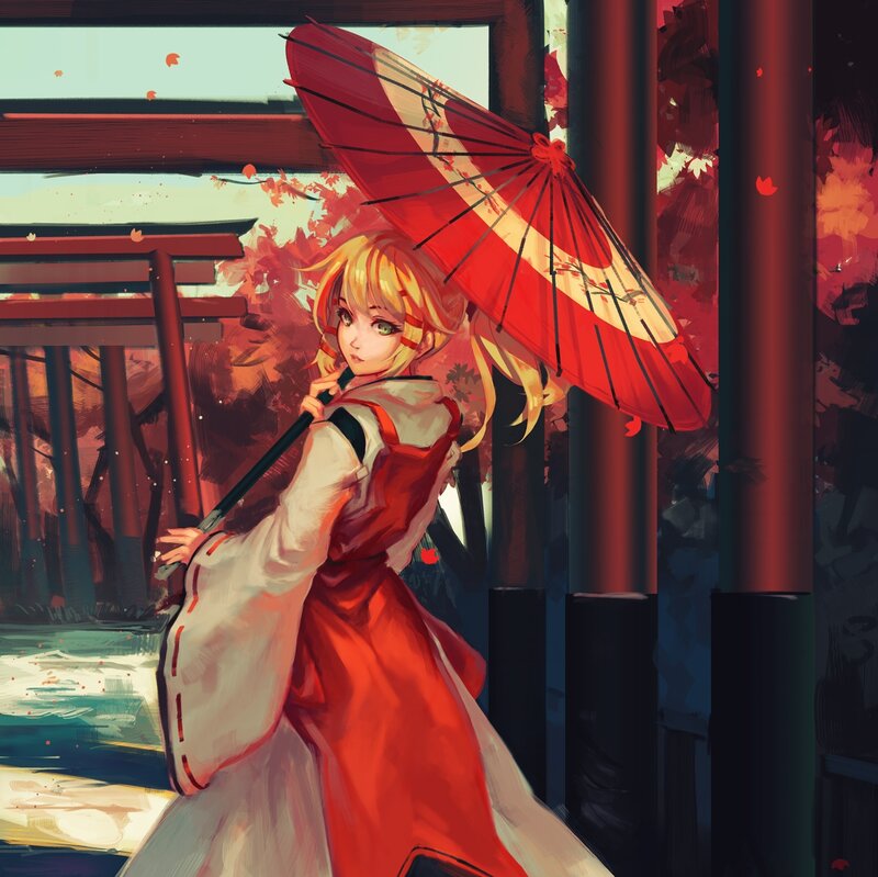 Blonde Girl with Umbrella — Red, Serene, Autumn