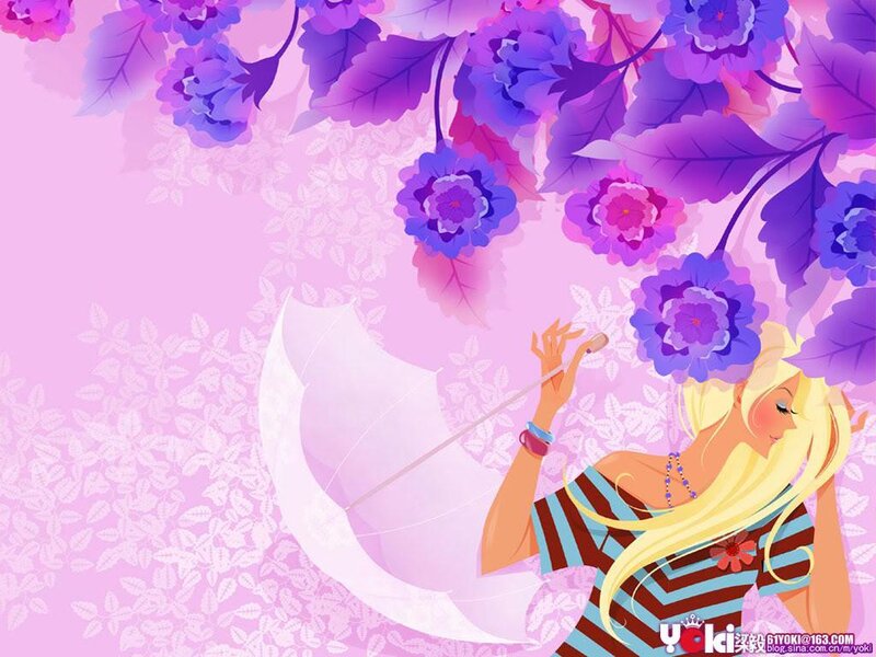 Blonde girl with umbrella under flowers