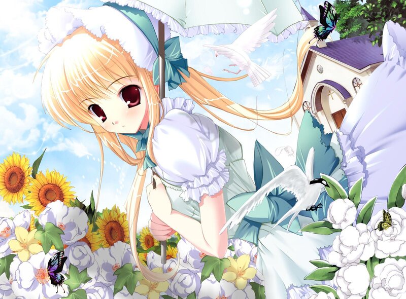 Blonde Girl with Umbrella — White, Serene