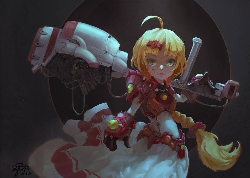 Blonde Girl with Weapon — White, Dramatic, Digital Art