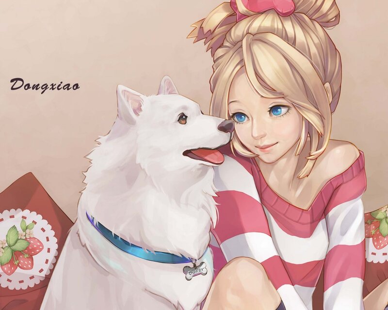 Blonde Girl with White Dog — Pink