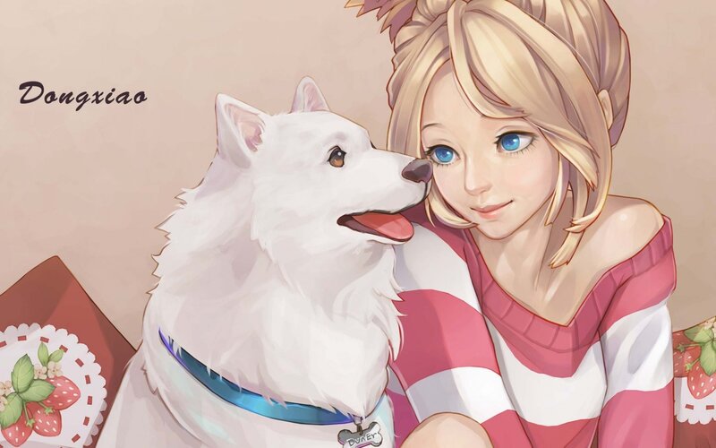 Blonde Girl with White Dog