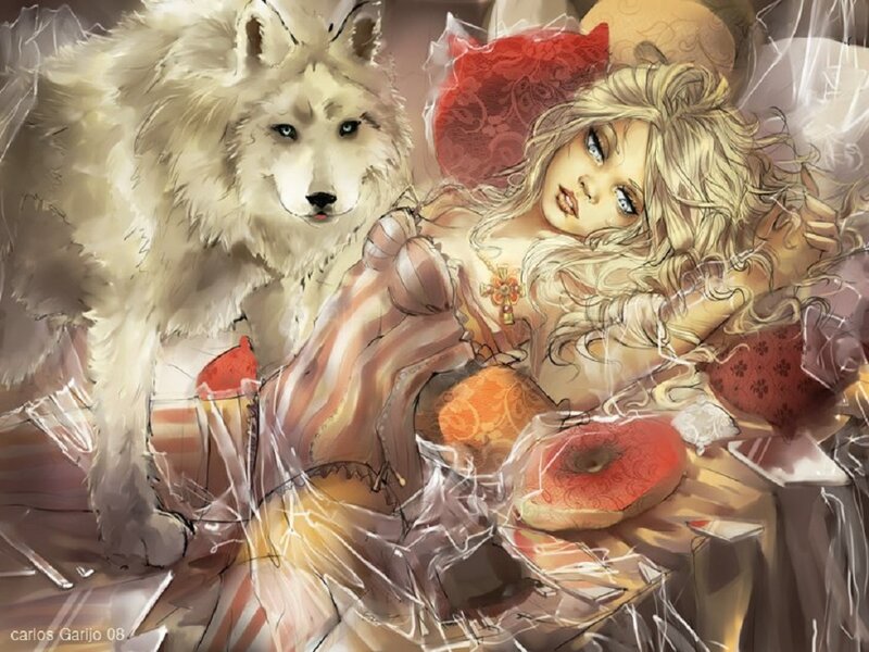 Blonde Girl with White Wolf