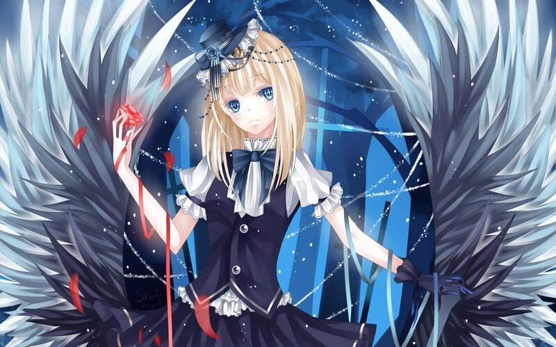 Blonde Girl with Wings — Blue, Dramatic, Night, Anime, Top Hat