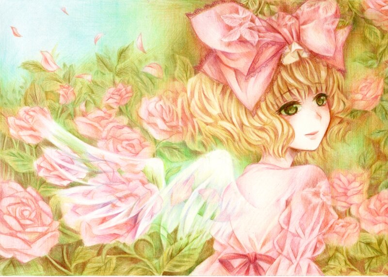 Blonde Girl with Wings — Pink, Serene, Spring, Digital Art