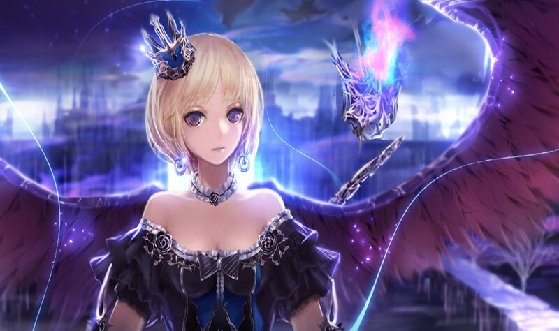 Blonde Girl with Wings — Purple, Dramatic, Night, Digital Art