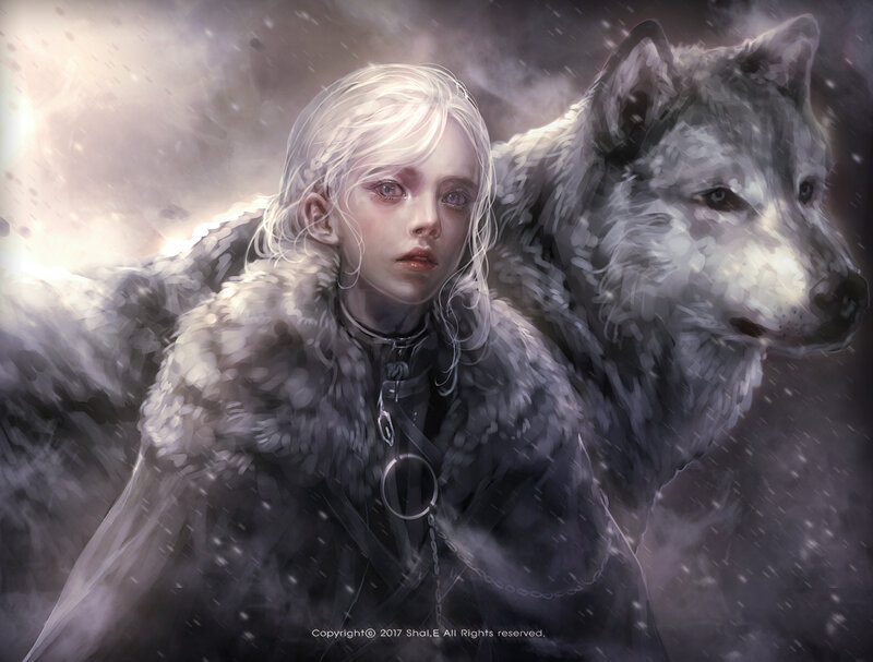 Blonde Girl with Wolf — Gray