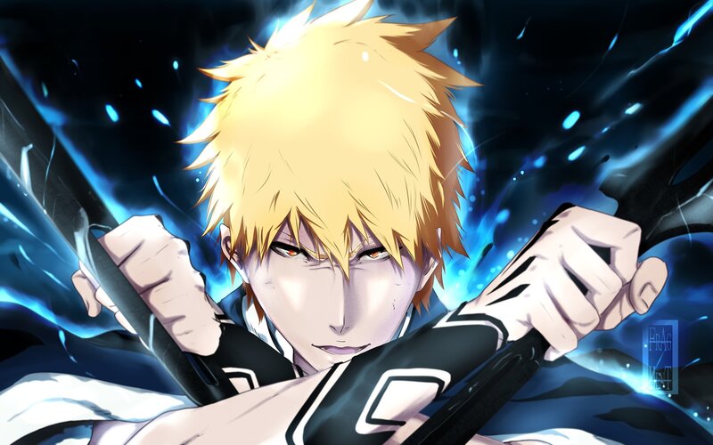 Blonde-haired Anime Character — Blue, Dramatic, Sword