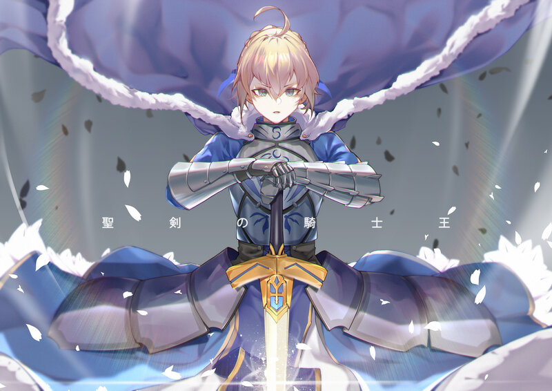 Blonde Knight Holding Sword — Blue, Dramatic, Anime, Armor, Cape