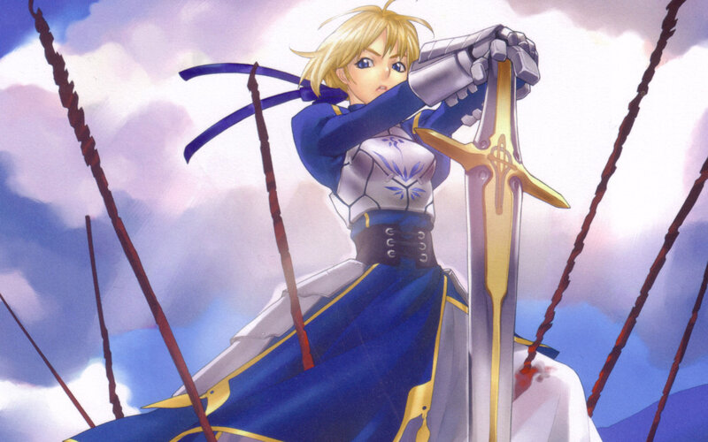 Blonde Knight Holding Sword — Blue, Dramatic, Anime, Armor, Clouds
