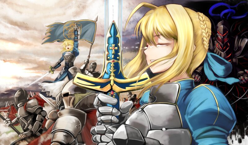 Blonde Knight Holding Sword — Blue, Dramatic, Sunset, Anime