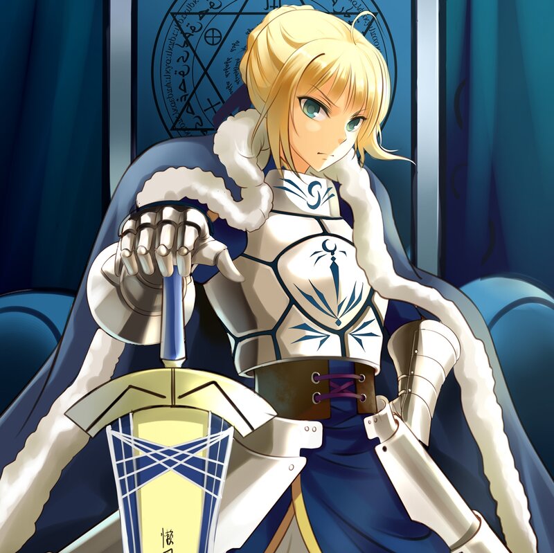 Blonde Knight Holding Sword — Blue, Dramatic