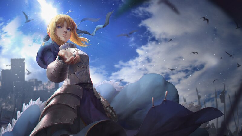 Blonde Knight in Armor — Blue, Dramatic, Afternoon, Anime