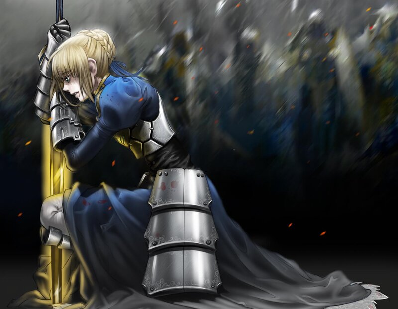 Blonde Knight in Armor — Blue, Dramatic, Anime, Sword, Blood