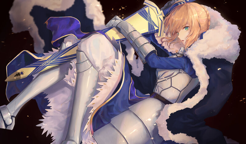 Blonde Knight in Armor — Blue, Dramatic, Anime, Sword, Fur