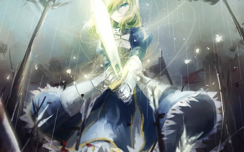 Blonde Knight in Armor — Blue, Dramatic, Anime, Sword, Rain