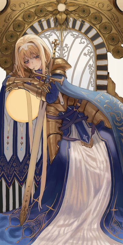 Blonde Knight in Armor — Blue, Dramatic, Digital Art, Sword, Crown