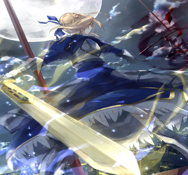 Blonde Knight in Armor — Blue, Dramatic, Night, Anime, Sword, Cityscape