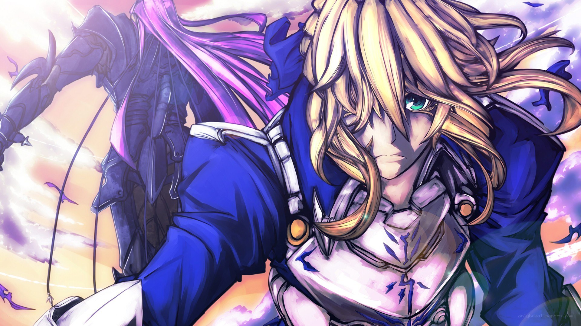 blonde knight in blue armor