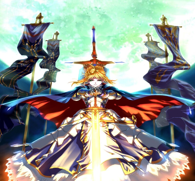 Blonde Knight with Sword — Blue, Dramatic, Anime, Flag