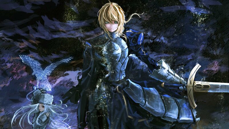 Blonde Knight with Sword — Blue, Dramatic, Night, Anime, Armor, Bird