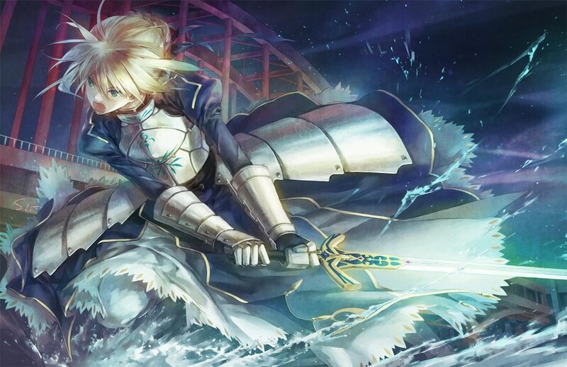 Blonde Knight with Sword — Blue, Dramatic, Night, Anime, Armor, Bridge