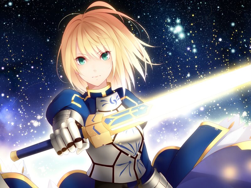 Blonde Knight with Sword — Blue, Dramatic, Night, Anime, Armor, Stars
