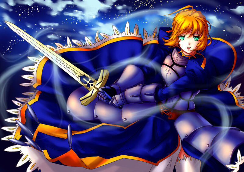 Blonde Knight with Sword — Blue, Dramatic, Night, Anime, Armor